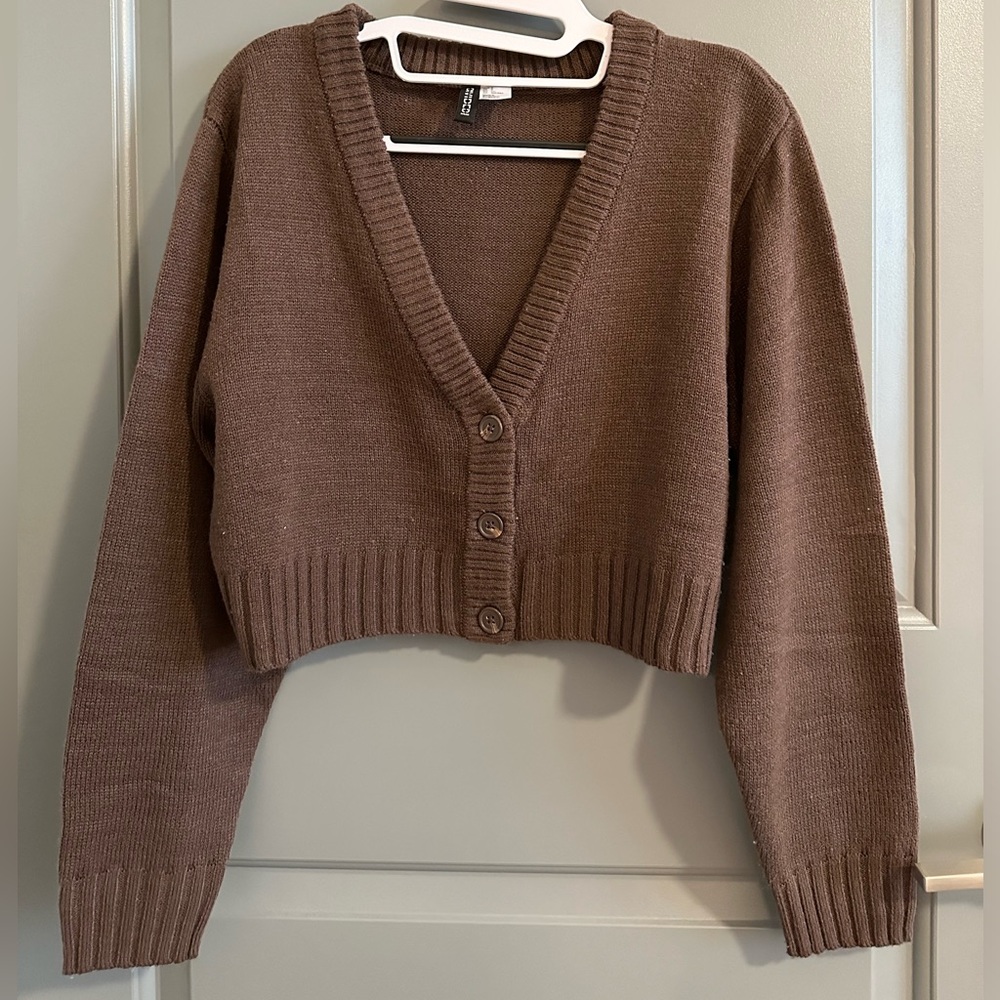 H&M Cropped Cardigan Sweater with Buttons, Brown - Size S